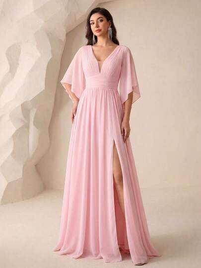 Butterfly Sleeve Chiffon Bridesmaid Dress, Elegant Dress, Suitable For Bride, Birthday, Graduation, Formal Evening Gown Wedding Pink