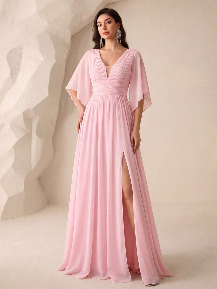 Butterfly Sleeve Chiffon Bridesmaid Dress, Elegant Dress, Suitable For Bride, Birthday, Graduation, Formal Evening Gown Wedding Pink