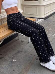 Women's Slim Fit Denim Pants Mid Rise Tapered Leg Stretch Jeans With Black Spotted Pattern - Black - View 5