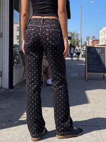 Women's Slim Fit Denim Pants Mid Rise Tapered Leg Stretch Jeans With Black Spotted Pattern - Black - View 6