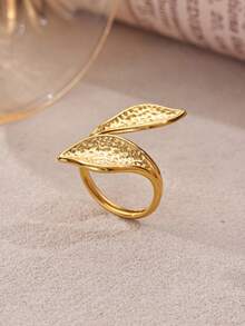 1pc Women's Leaf Textured Adjustable Stainless Steel Ring, Gold Color, Nature-Inspired Jewelry Design, Fashionable Accessory Suitable For Parties And Music Festivals - Multicolor - View 1