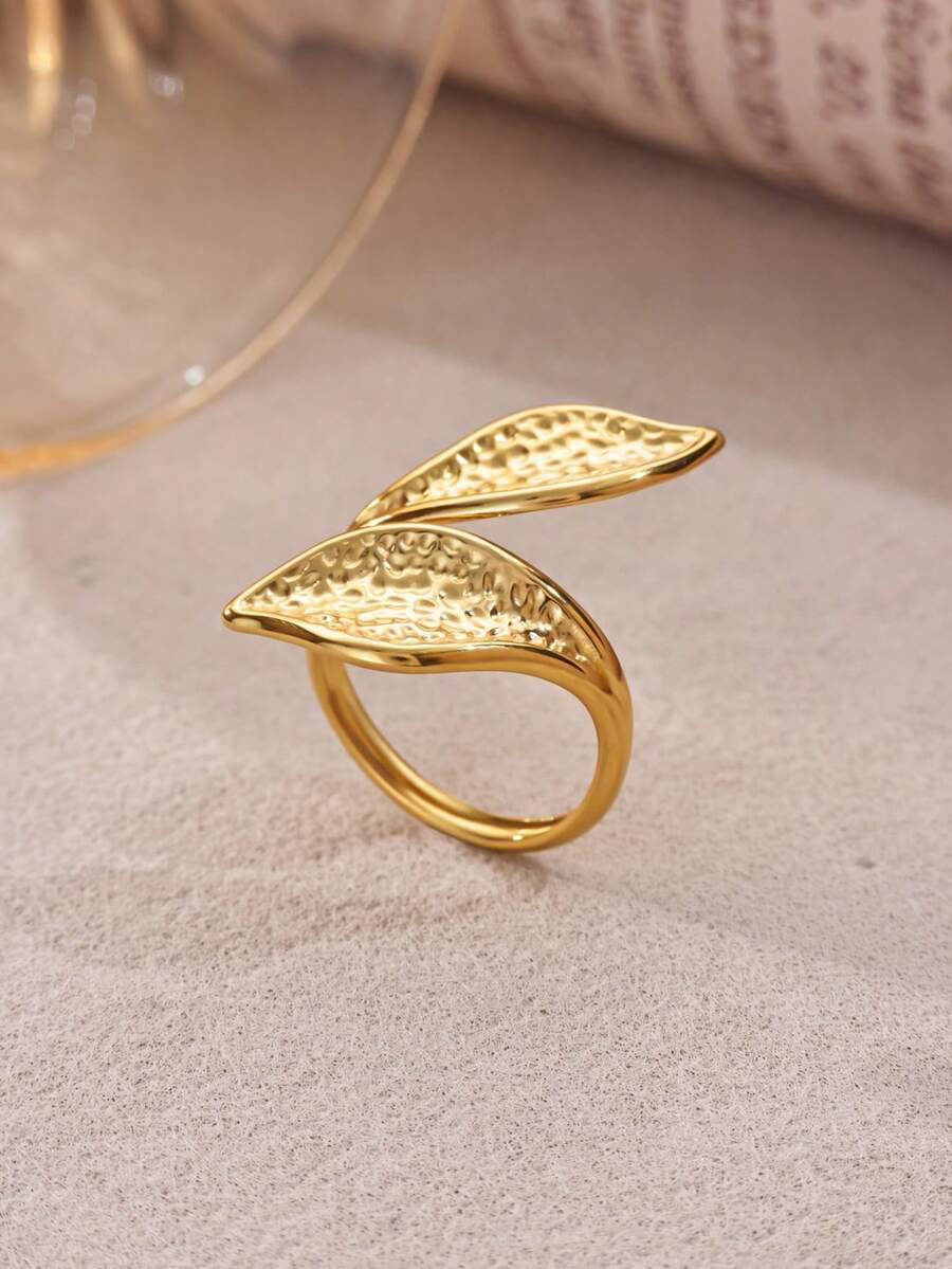 1pc Women's Leaf Textured Adjustable Stainless Steel Ring, Gold Color, Nature-Inspired Jewelry Design, Fashionable Accessory Suitable For Parties And Music Festivals - Multicolor - View 1