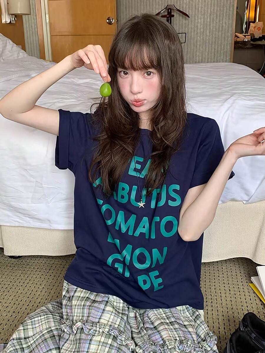 Y2K 夏季新款宽松休闲撞色字母印花藏蓝色女式短袖上衣 - 藏藍 - 查看 1