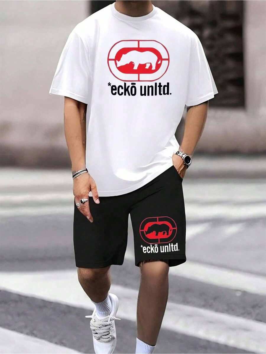 ECKO Men's Athletic Shorts Set, 2 Piece Outfit, Graphic T Shirt And Shorts, Casual Summer Streetwear, Matching Set, Comfortable Breathable Fabric, Sports Tracksuit, Perfect For Gym Workout, Outdoor Travel, Beach - 7瓦 - 查看 1