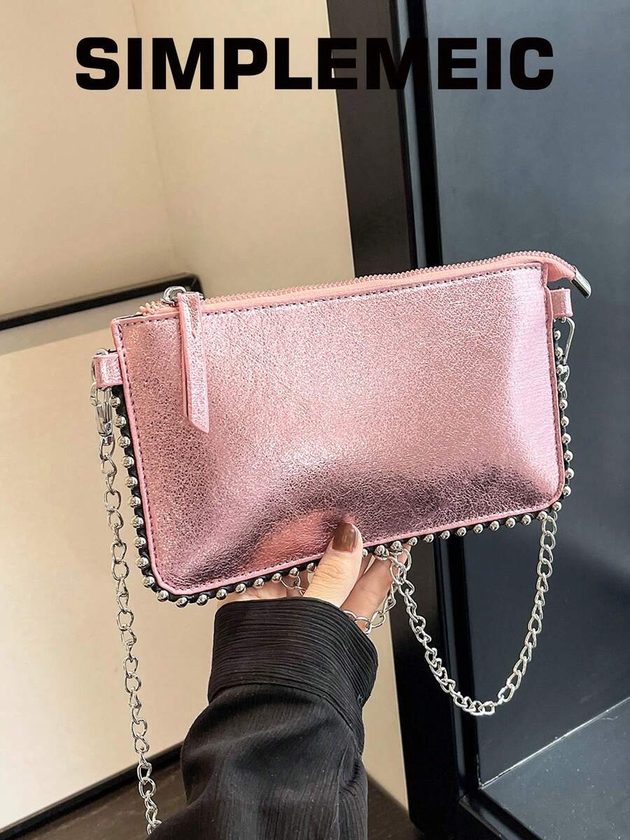 Metallic Pink Envelope Crossbody Bag, Silver Studded & Detachable Chain Strap, Zipper PU Leather Clutch Purse, Y2K Punk Style For Daily & Night Out - Pink - View 1