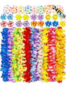 24pcs Hawaiian Themed Party Decoration Set, Including Tropical Flower Necklace, Bracelet, Hair Clips, Suitable For Summer Beach Party Decor And Gifts - Multicolor - View 10