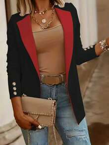 New Commuting Style Lapel Long Sleeve Blazer For Women - Black and Red - View 2