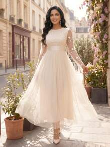 SHEIN Lady Ngày lễ tình nhân/Tiệc năm mới/Đa năng để mặc hàng ngày khi đi làm/Mặc trong mọi mùa Váy cưới ren màu be thêu hoa ba chiều Váy maxi thanh lịch dành cho nữ - Màu be - Xem 3