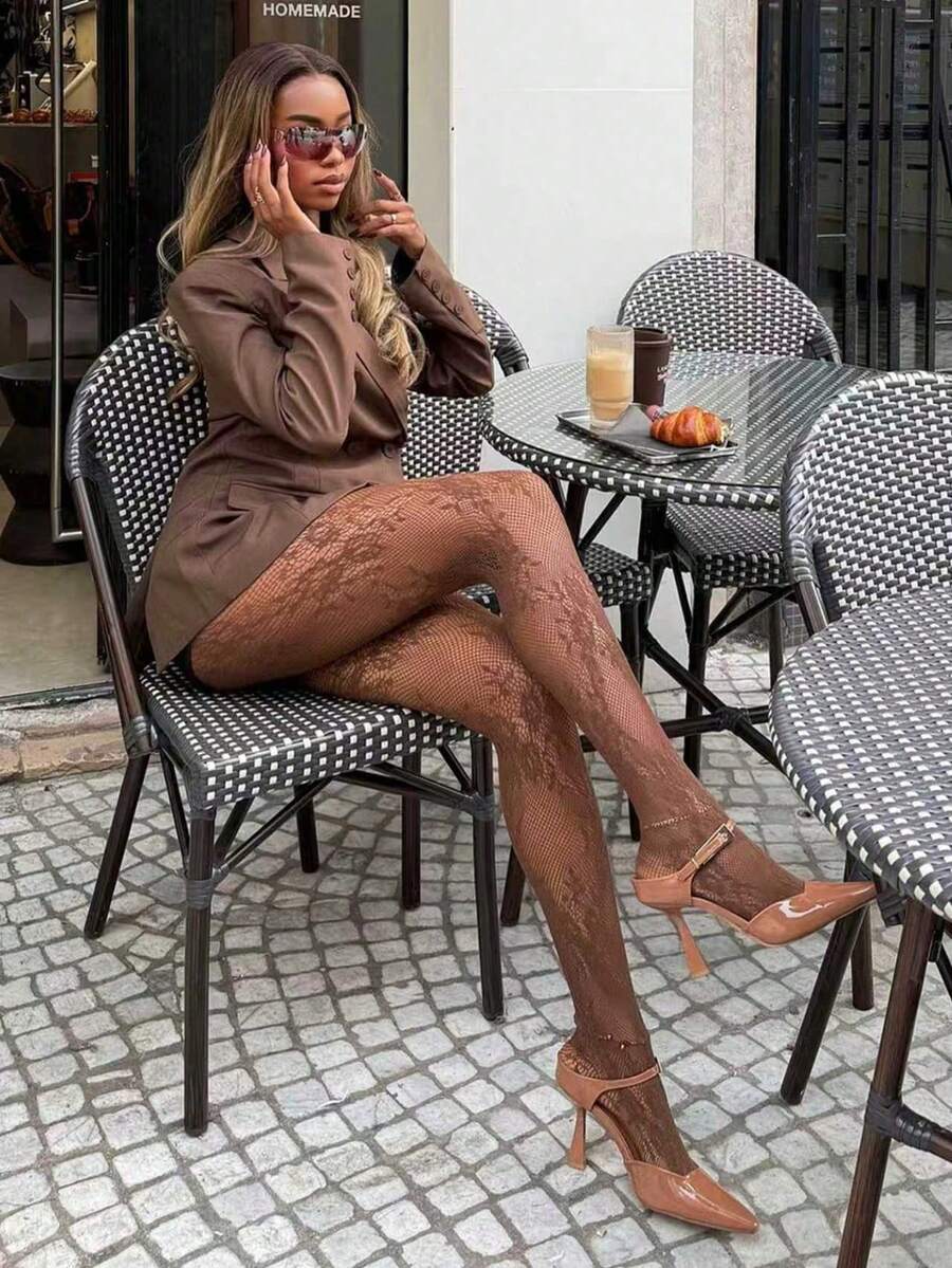 1 Pair Printed Fishnet Stockings, Sexy And Elegant - Brown - View 1