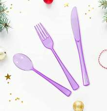 HEIPINIUYE 75 Pack Clear Purple Plastic Cutlery Heavy Duty Red Plastic Knives Forks And Spoons Disposable Silverware Set For 25 Guest Camping Birthday Baby Shower Party Cutlery Set - ColorY - View 4