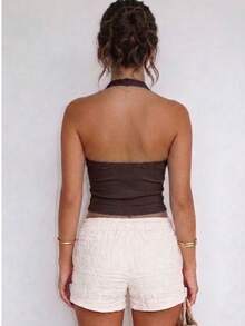 Women's Ribbed Halter Neck Crop Tank Top, Slim Fit Sleeveless Bodycon Casual Tops - Brown - View 2