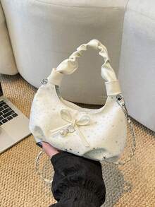 1个白色布艺优雅清新闪亮星形蝴蝶装饰褶皱手柄金属链条轻便新月形手提包，适合春夏新款搭配、购物、约会、送给女大学生、上班族、通勤族的礼物。 - 白色 - 查看 9