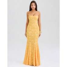 Sensual Lace Dress With Embossed Patterns, Adjustable Waist And Mermaid Cut - Yellow - View 5