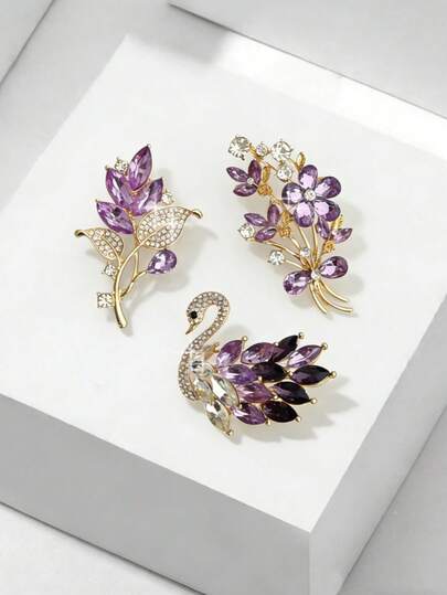 3 Piecesfashionable And Elegant Crystal Brooch Set, Featuring A Luxurious Golden Flower And Swan Design, Suitable For Daily Wear And Banquet Occasions, Making It The Perfect Choice For Festive Gifts