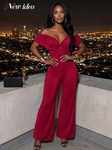 Women's Elegant Off-Shoulder Ruched High Waist Wide Leg Jumpsuit, Suitable For Party Wear - Burgundy - View 1