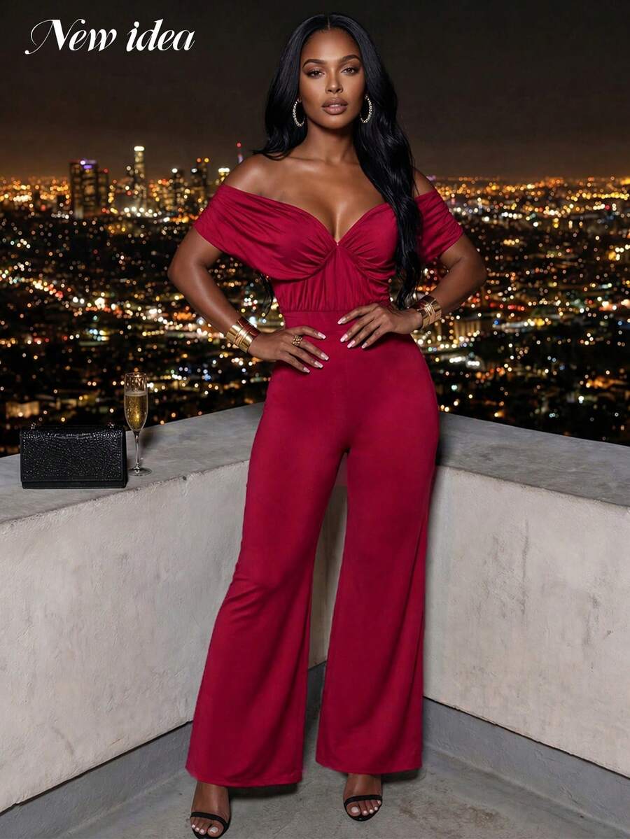 Women's Elegant Off-Shoulder Ruched High Waist Wide Leg Jumpsuit, Suitable For Party Wear - Burgundy - View 1