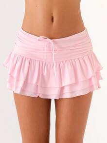 Women's Y2k Mini Ruffle Skirts Solid Color Drawstring Low Rise Cute Tiered Frilled Hem Short Skirts Teen Girls Flowy Coquette Going Out Skirts - Pink - View 2