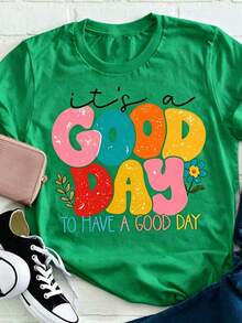Women's Positive Motivational Slogan T-Shirt | Printed Text "Live Every Beautiful Day To The Fullest", Decorated With Colorful Fonts And Floral Patter - 綠色 - 查看 13