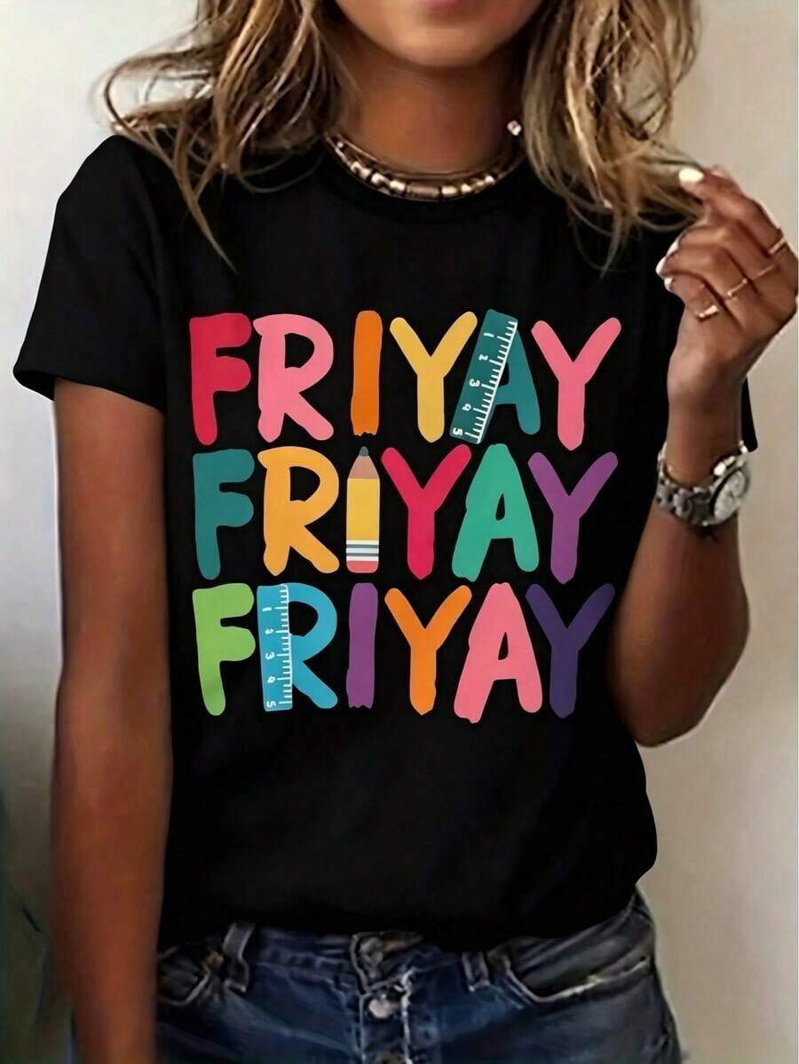 Camiseta de gran tamaño para mujer con estampado "Happy Friday Teacher Mom Life" - Camiseta casual de manga corta y cuello redondo con la inscripción "FRIYAF" - Camiseta exclusiva de primavera-verano para madres y educadoras - Camiseta unisex de estilo vintage urbano, holgada, de algodón 100% puro. - Negro - Ver 1