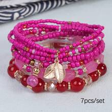 Set de 7 piezas de pulseras bohemias con cuentas rosas - Hojas doradas - Ver 3