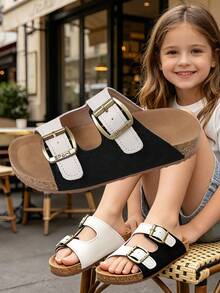 Kids Adjustable Strap Flat Slippers With Prominent Metal Buckle And Soft Cork-Textured Insole - Black and White - View 3