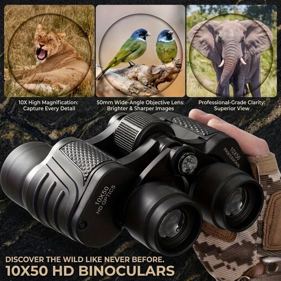 10x50 Professional HD Binoculars | Black, High Magnification, Stable Image, Suitable For Birdwatching, Hiking, Cycling, And Sporting Events. Includes Carrying Case And Shoulder Strap. Made Of Polypropylene. - A - View 1