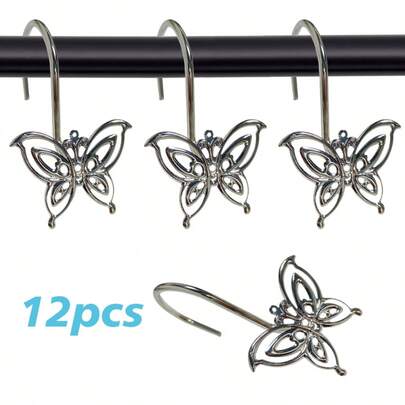 12 chiếc móc treo rèm tắm hình bướm bằng kim loại rỗng màu bạc, phụ kiện trang trí nhà cửa.