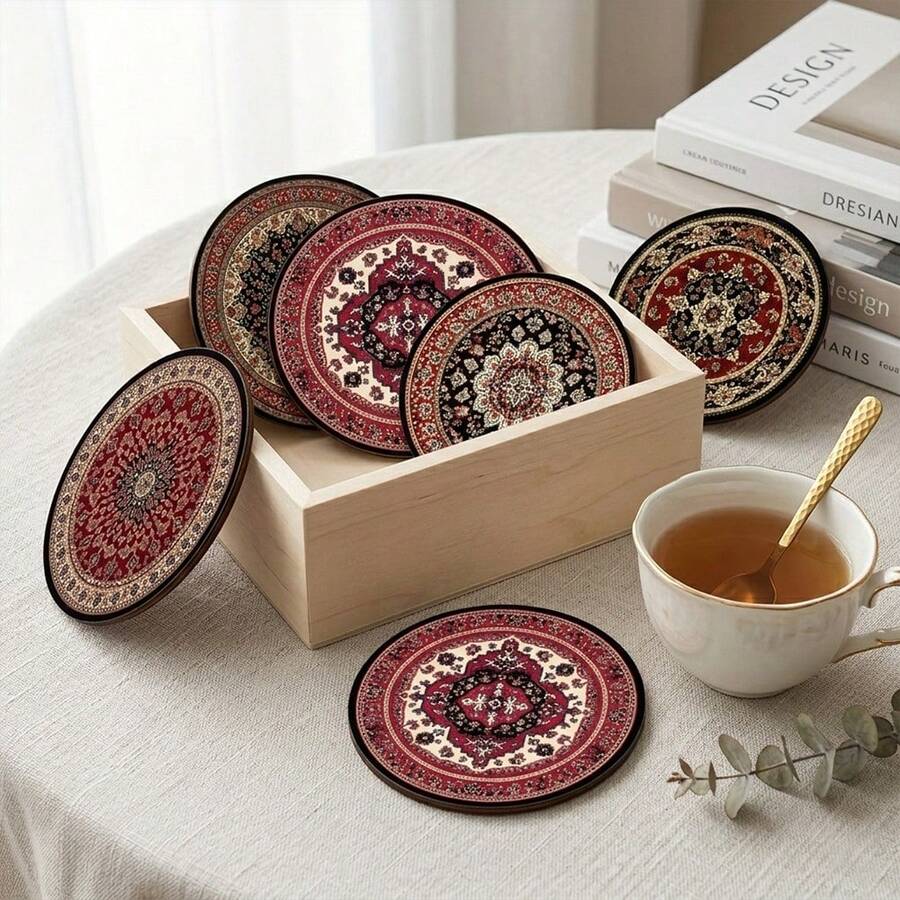 6pcs/Set Traditional Wooden Coasters, Suitable For Home, Office And Party Drink Coasters Set, Bohemian Style Coaster Set For Kitchen, Bedroom, Living Room, Office, Garden, Desktop Decor, Party Decor, Home Decor, Kitchen Accessories, Holiday Decor, Gift, Available In 1 Set, 2 Sets Or 31 Sets, Father's Day Gift - Redwood - View 1