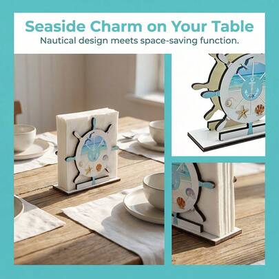 1/4 piezas Soporte de servilletas de madera con tema náutico y oceánico. Adorno de mesa con forma de barco, tortuga y pez con tema oceánico. Dispensador de pañuelos independiente para decoración de cocina, comedor, casa de playa. Encanto rústico y costero para centros de mesa.