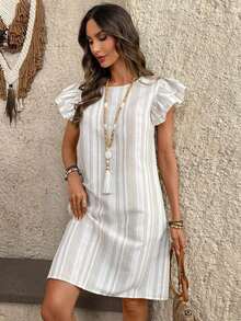 Vestido casual de mujer en color verde matcha, con cuello redondo y mangas de volantes.Tejido texturizado transpirable y cómodo, ideal para looks diarios y de verano. - Multicolor - Ver 3