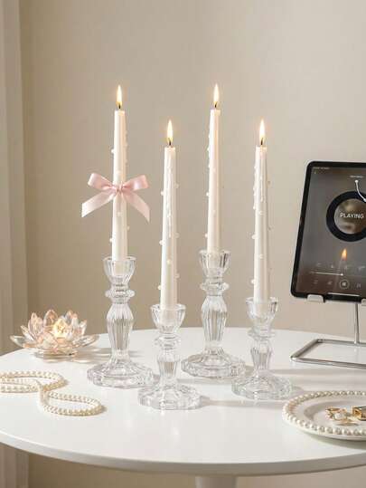 1 Set/1pc French Elegant Vintage Embossed Glass Candle Holder, Transparent Glass Candle Stand, Romantic Candlelight Dinner Decor, Wedding Table Desktop Home Decor, Suitable For Bedroom