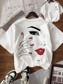 Camiseta de manga corta para mujer con estampado de eslogan y pintura, cuello redondo, corte holgado informal. Camiseta estampada de manga corta para mujer - Uso diario informal, deportivo y de fitness, para todas las estaciones (Perfecta para el Día de San Valentín). 100% algodón. - Blanco - Ver 1