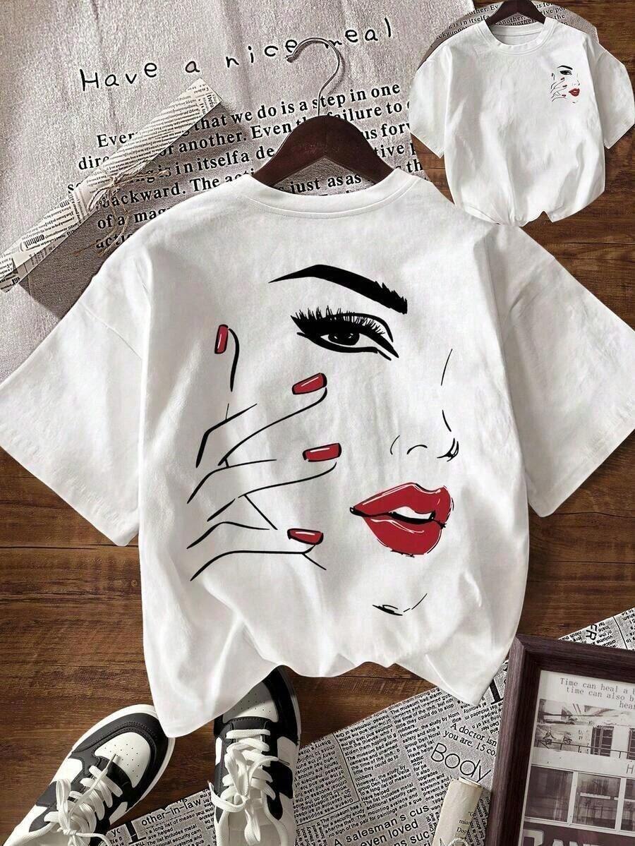 Camiseta de manga corta para mujer con estampado de eslogan y pintura, cuello redondo, corte holgado informal. Camiseta estampada de manga corta para mujer - Uso diario informal, deportivo y de fitness, para todas las estaciones (Perfecta para el Día de San Valentín). 100% algodón. - Blanco - Ver 1