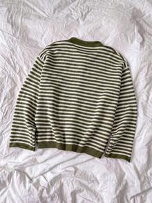 Nuevo Cárdigan de Punto a Rayas Holgado de Moda Otoño - Verde Oliva - Ver 4