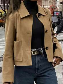 Front Button Pocket Button Daily Solid Color Raglan Sleeve Fashionable Versatile Coats - Khaki - View 3