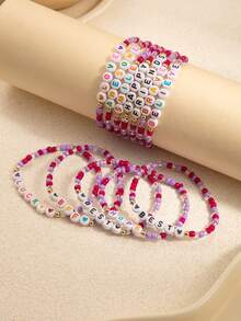 12pcs Colorful Letter Seed Bead Cute Girly Friendship Bracelet Set, Versatile Style, Random Colors, Suitable For Girls Daily Wear Or Gift - Multicolor - View 4