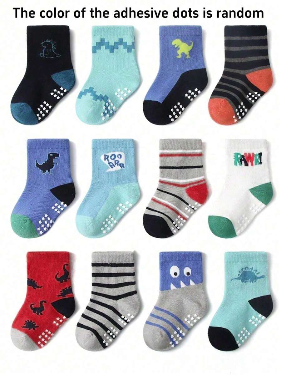 6 Pairs/12 Pairs Star Dot Cartoon Cotton Children Socks, Anti-Slip Baby Breathable Socks For Boys And Girls - Multicolor - View 1