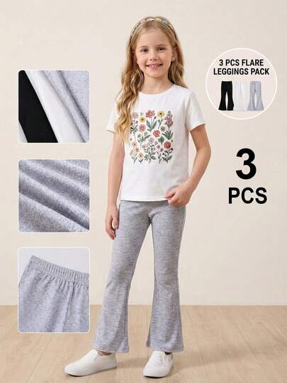 Bộ 3 quần legging trơn màu cho bé gái, quần ống loe dáng suông, quần dài ôm sát bằng vải dệt kim mềm mại, thích hợp mặc hàng ngày.