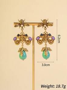 1 Pair Vintage Bee Earrings, Distressed Gold-Tone Jewel Earrings, Bohemian Green Turquoise Teardrop Dangle Earrings, Women Jewelry Gift - Multicolor - View 3