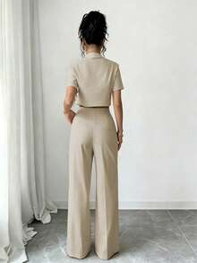 Women's New Solid Color Casual Elegant Button Pocket Shirt And Pants Set, Suitable For Vacation, Leisure, Office Commute Summer - Beige - View 3