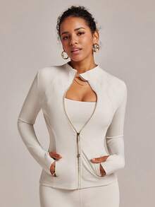 Women's Long Sleeve Jacket With Pockets And Thumb Holes, Running Workout Activewear Top Spring Sports - 奶油白 - 查看 3