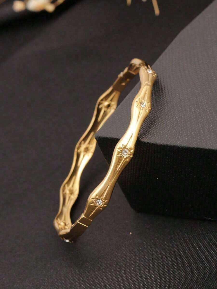 1pc Stainless Steel 18K Gold Plated 8 Star Brushed Textured Cuff Bracelet With Micro-Inlaid Cubic Zirconia, Elegant & Fashionable, Suitable For Women For Daily Wear And Gift For Girlfriend/Wife YORH - 金子 - 查看 1