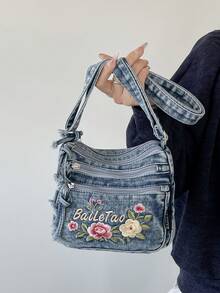Tas Selempang Mini Modis dengan Bordir Bunga dan Banyak Kantong untuk Jeans – Tas Bahu Wanita Serbaguna, Tas Jeans Kecil, Tas Ibu dengan Tali yang Dapat Diatur - Biru - View 6