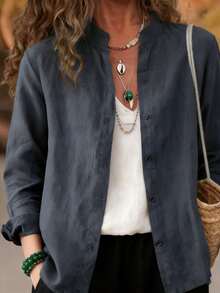 Women's Fashion Loose Casual Comfortable Solid Color Long Sleeve Shirt Spring - Navy Blue - View 4