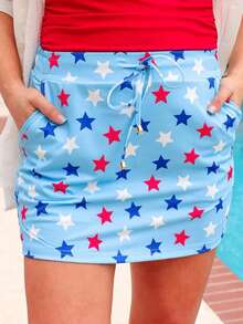 Acelitt Independence Day Women's Elegant Sky Blue American Flag & Star Print Beaded Drawstring High Waist Mini Skirt, Summer - Blue - View 1