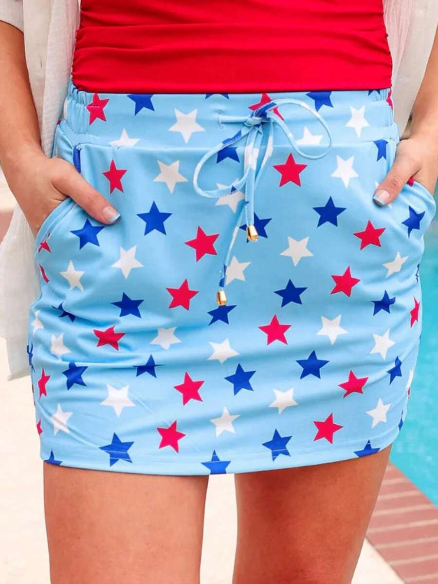 Acelitt Independence Day Women's Elegant Sky Blue American Flag & Star Print Beaded Drawstring High Waist Mini Skirt, Summer - Blue - View 1
