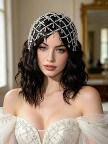 Tocado nupcial de cristal en forma de lágrima con malla brillante, elegante cadena de cabeza con rhinestones para bodas, concursos de belleza y eventos formales - Plateado - Ver 5