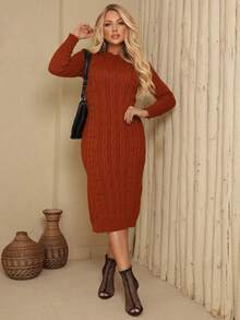 Pingo D' La Malhas Vestido Tricot Midi Feminino Texturizado Ponto Pipoca Trançado Manga Longa Delicado Inverno - Ferrugem - Visão 3