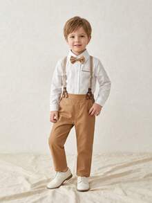 BOARNSEORL 2pcs Young Boys Gentleman Outfit - White Long Sleeve Shirt With Bow Tie And Khaki Suspender Pants, Fashionable, Elegant, Suitable For Birthday Party, Formal Occasion, Wedding - Khaki - View 2