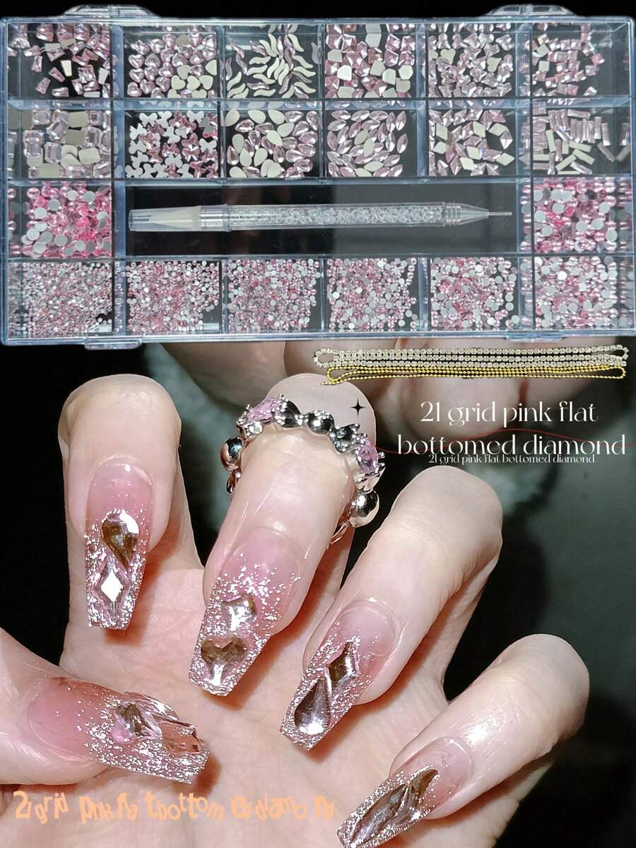 KIRAME 21-Grid DIY Nail Art K9 Glass Pink Flat-Back Rhinestones Kit - 30PCS Each High-Shine Rhinestones With1 Drilling Pen And 2pcs Nail Chains,Manicure Gems ,Nails Salon ,Nails At Home,Nail Suppliers, Nail Charms,Nail Stuff,Christmas, New Year,Valentine Day Nails,Mothers Day,Festival Gifts,Suitable For Crafts, Apparel, Fabrics, Footwear, Glassware, Jewelry Making - Multi-Size Sparkling Decor - 粉色 - 查看 1